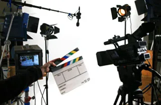 Video production set with cameras and lights
